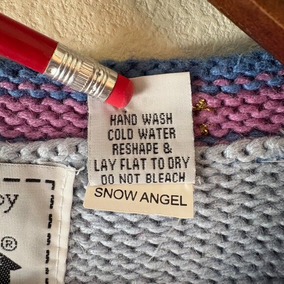 Hand Knit Storybook Cardigan Sweater Ugly Christmas Angel Snow Trees 90s Size M - Picture 10 of 11